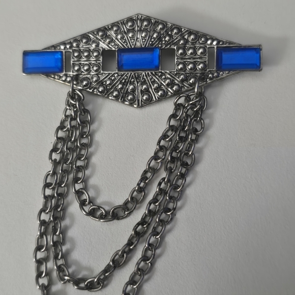 3/$20 Vintage Brooch Silver Tone Blue Rhinestones Drop Chains - Picture 4 of 8